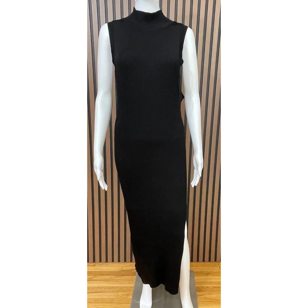 Good American Women's Dress Long Black 6 Maxi Side Slit Ribbed Mock‎ Neck